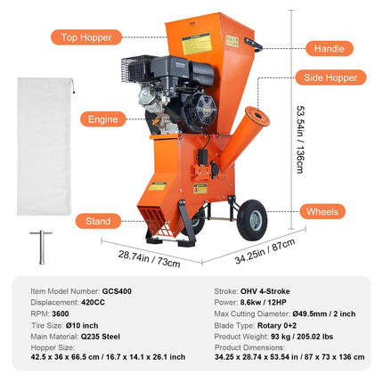 Benzininis šakų smulkintuvas VEVOR GCS400, 8.6 kW