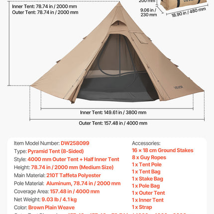 Keturvietė žieminė palapinė VEVOR DW258099, su anga kaminui