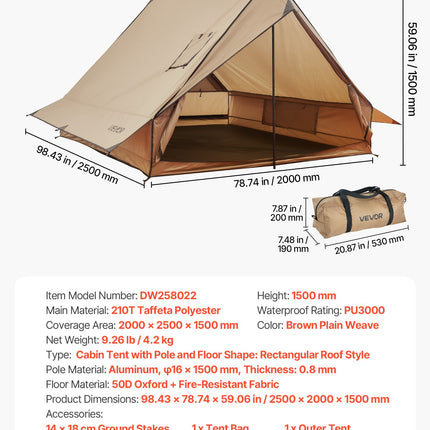 Žieminė palapinė su anga kaminui VEVOR DW258022, 2 asmenims