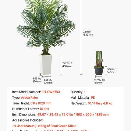 Dirbtinė areka palmė VEVOR FH-SWK180, 182,9 cm