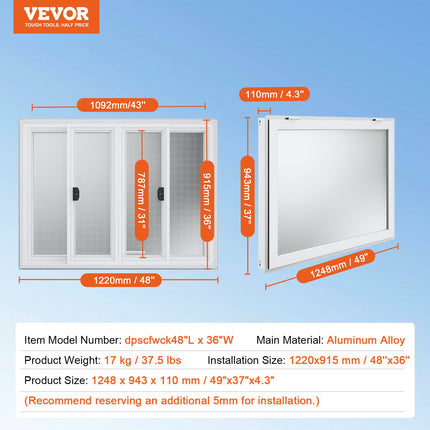 Prekybinis langas VEVOR dpscfwck48L*36W, 1220x915 mm