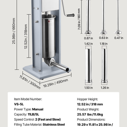 Rankinis dešrų kimštuvas VEVOR VS-5L, 5 l talpos