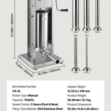 Rankinis dešrų kimštuvas VEVOR VS-5L, 5 L