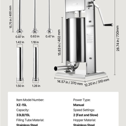 Rankinis dešrų kimštuvas VEVOR XZ-15L, 15 L