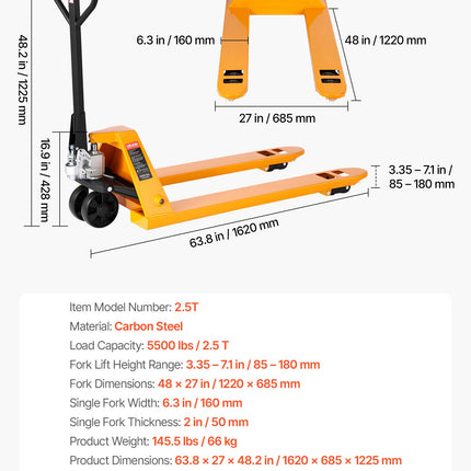 Rankinis palečių vežimėlis VEVOR 2.5T, 2,5 t keliamoji galia