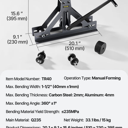 Vamzdžių lenkimo staklės VEVOR Manual Roller, 38 mm