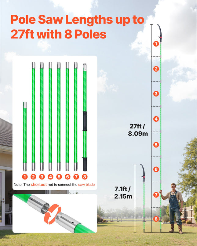 Teleskopinis šakų pjūklas VEVOR RUNZETOOL-GZJ-32G1, iki 8,1 m