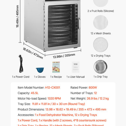 Maisto džiovyklė VEVOR H12-CX001, 800 W