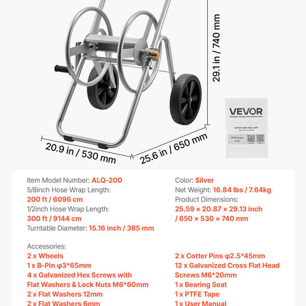 Sodo žarnos vežimėlis VEVOR ALQ-200, 91 m talpos