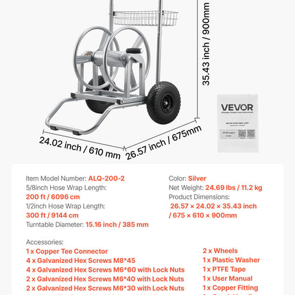 Sodo žarnos vežimėlis VEVOR ALQ-200-2, iki 91 m talpos