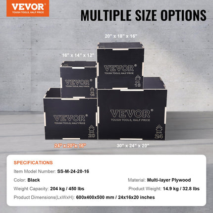 Pliometrinė šuolių dėžė VEVOR SS-M-24-20-16, 3-in-1 (60x50x40 cm)
