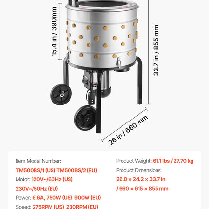 Elektrinė paukščių pešimo mašina VEVOR TM500BS/2, 900 W