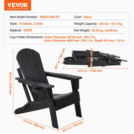 Adirondack tipo kėdės VEVOR SS401-BK-2P, sulankstomos, 2 vnt.