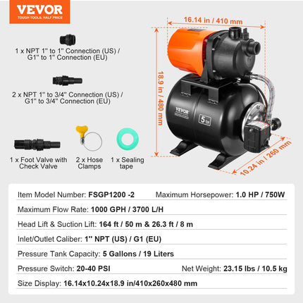 Vandens siurblys su hidroforu VEVOR FSGP1200-2, 750 W