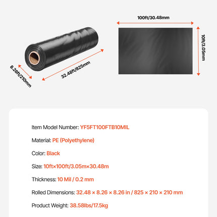 Polietileno plėvelė VEVOR YF5FT100FTB10MIL, 3,05 x 30,48 m (10 mil)