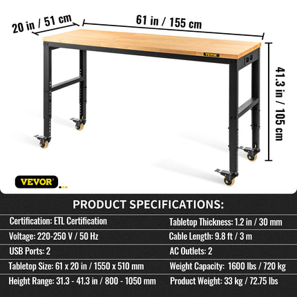 Reguliuojamo aukščio darbastalis VEVOR O6120L, 155 x 51 cm, 720 kg