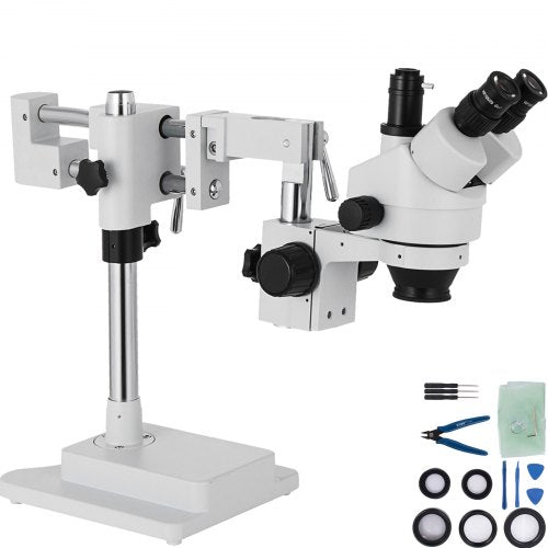 Trinokulinis stereo mikroskopas VEVOR 3.5X-90X, su dviguba alkūne