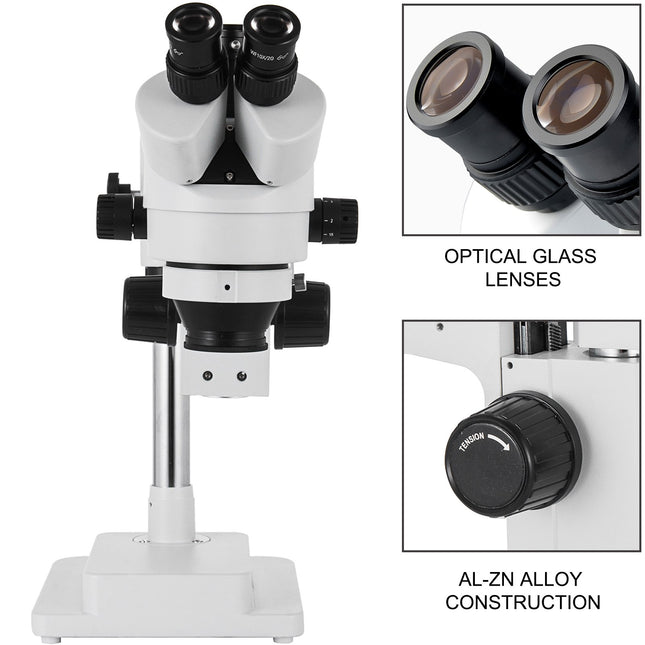Trinokulinis stereo mikroskopas VEVOR 3.5X-90X, su dviguba alkūne