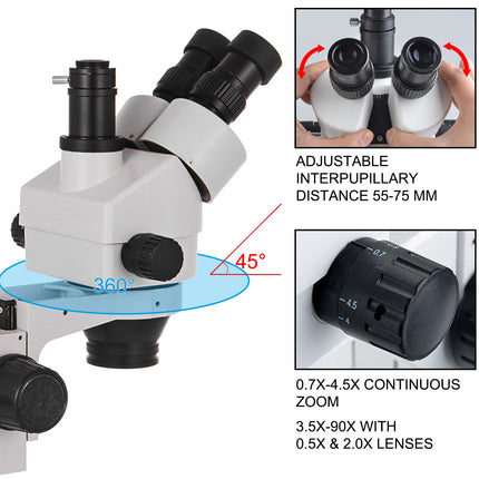 Trinokulinis stereomikroskopas VEVOR 3.5X-90X, 3,5X–90X didinimas