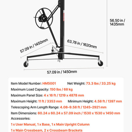 Gipso kartono plokščių keltuvas VEVOR HM5001, 3353 mm