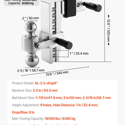 Reguliuojamas priekabos kablys VEVOR AL-2.5-drop8", 8390 kg keliamoji galia.