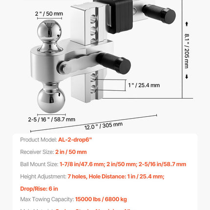 Reguliuojamas priekabos kablys VEVOR AL-2-drop6", 6800 kg galia