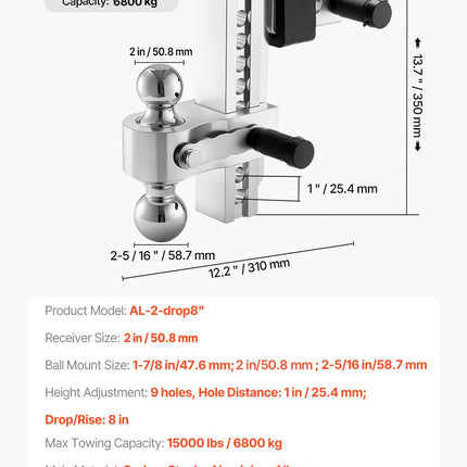 Reguliuojamas priekabos kablys VEVOR AL-2-drop8", 6800 kg keliamoji galia