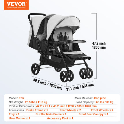 Dvivietis vežimėlis VEVOR T33, tandeminis