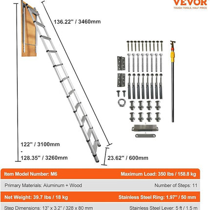 Teleskopinės palėpės kopėčios VEVOR M6, 158,8 kg keliamoji galia