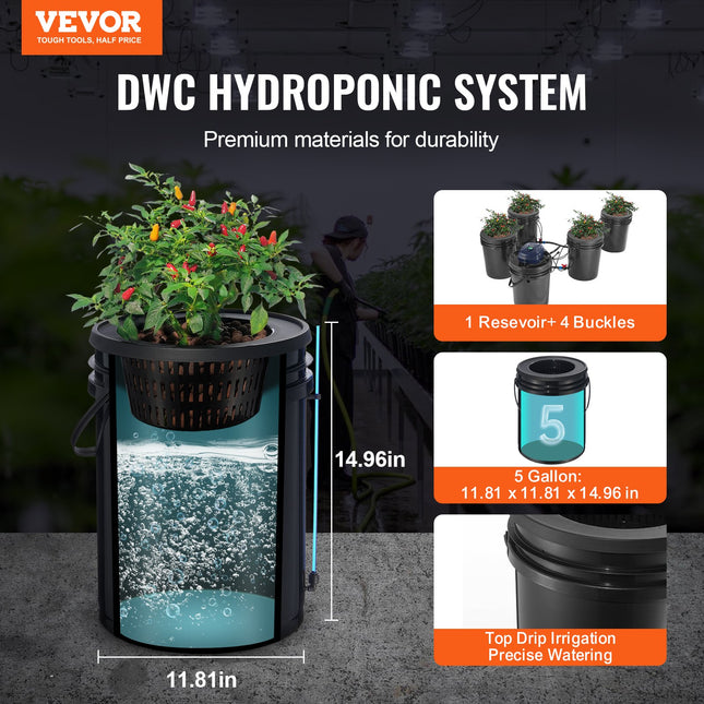 Hidroponinė sistema VEVOR RDWC EHW0104C-DR, 4 talpos po 18,9 l