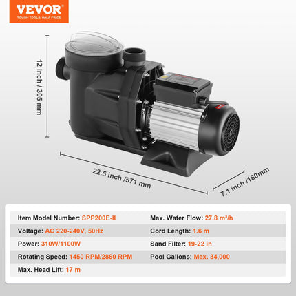 Antžeminių baseinų siurblys VEVOR SPP200E-II, 1100 W