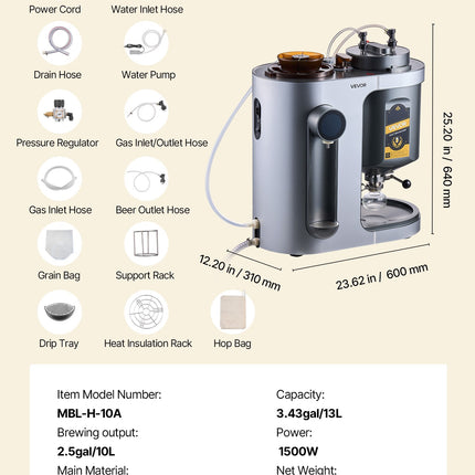 Automatinis alaus virimo aparatas VEVOR MBL-H-10A, 13 l