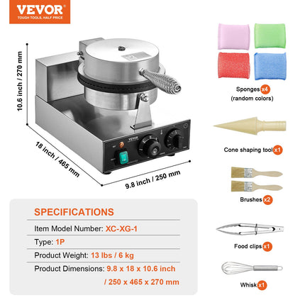 Elektrinė ledų vaflių kepyklė VEVOR HT-1A, 1230 W