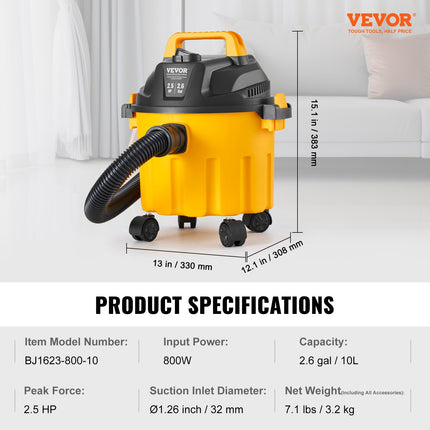 Drėgno ir sauso valymo siurblys VEVOR BJ1623-800-10, 10 l talpa