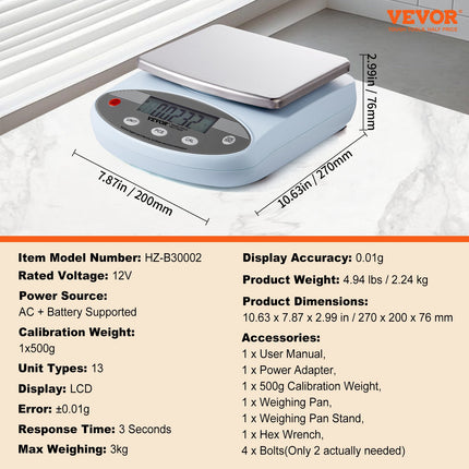 Analitinės svarstyklės VEVOR HZ-B30002, 3000 g / 0,01 g