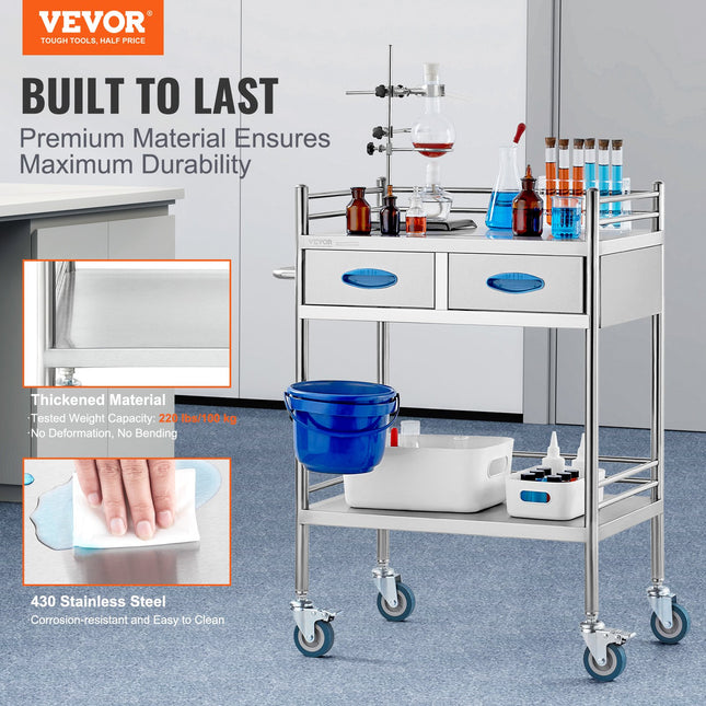 Laboratorinis vežimėlis VEVOR K-ST529, 2 lentynos ir 2 stalčiai