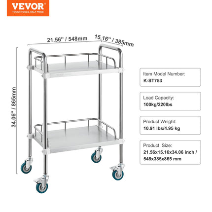 Laboratorinis vežimėlis VEVOR K-ST753, 2 lentynos, 100 kg apkrova