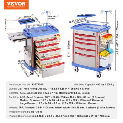 Laboratorinis vežimėlis VEVOR K-ET750A, 5 stalčiai