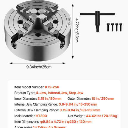 Keturių kumštelių tekinimo griebtuvas VEVOR K72 250, 250 mm.