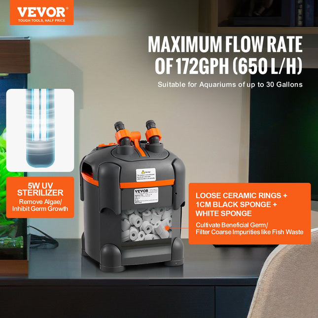 Akvariumo išorinis filtras VEVOR SF-650F 8W, 650 l/val.