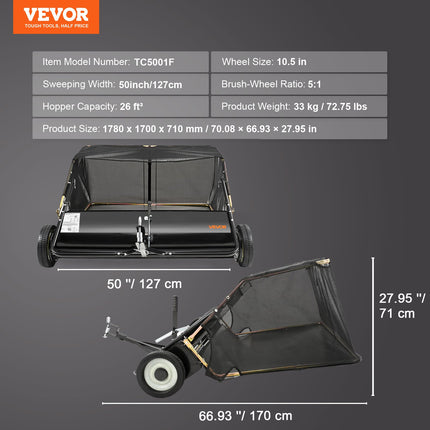 Prikabinamas vejos šlavimo įrenginys VEVOR TC5001F, 127 cm plotis