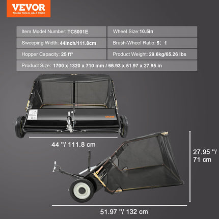 Prikabinamas vejos šlavimo įrenginys VEVOR TC5001E, 111,7 cm darbinis plotis