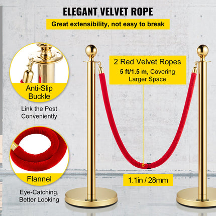 Atitvarai su aksomine virve VEVOR Gold Stanchion, 4 vnt. komplektas