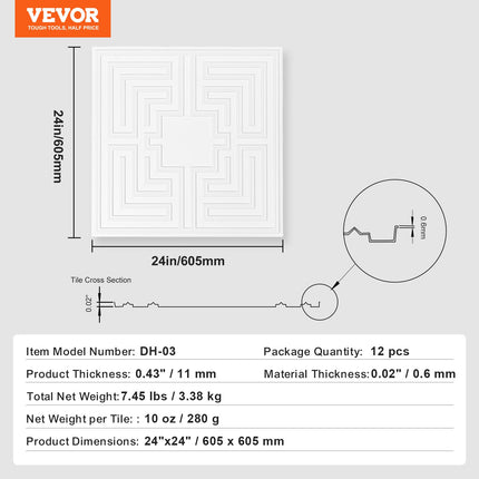 Lubų plytelės VEVOR DH-03, 60,5 x 60,5 cm, 12 vnt.