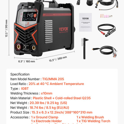 TIG suvirinimo aparatas VEVOR TIG/MMA 205, 205A