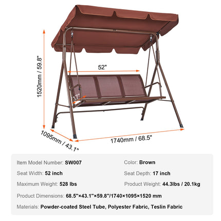 Trijų vietų lauko sūpynės VEVOR SW007, 240 kg keliamoji galia