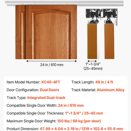 Stumdomų durų furnitūros komplektas VEVOR XC40-4FT, 1219 mm