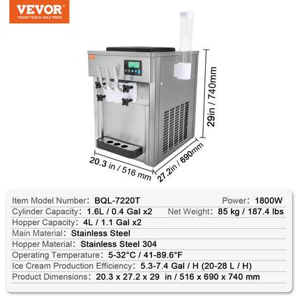 Pramoninis minkštų ledų aparatas VEVOR BQL-7220T, 1800W