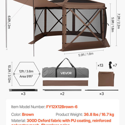 Iššokanti pavėsinė-palapinė su tinkleliu VEVOR FY12X12Brown-6, 3,6 x 3,6 m