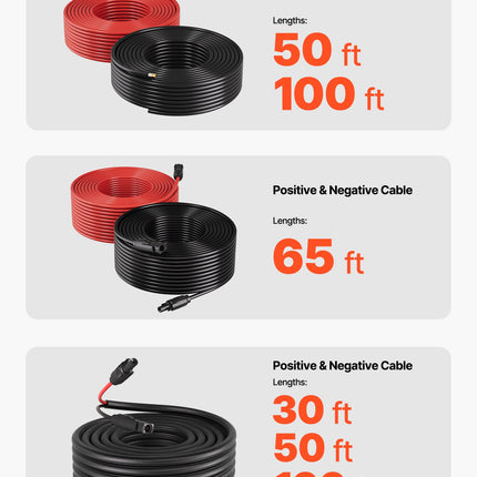Saulės baterijų laidų rinkinys VEVOR 10AWG-Red/Black-L=15.2M, 15,24 m, 6 mm²